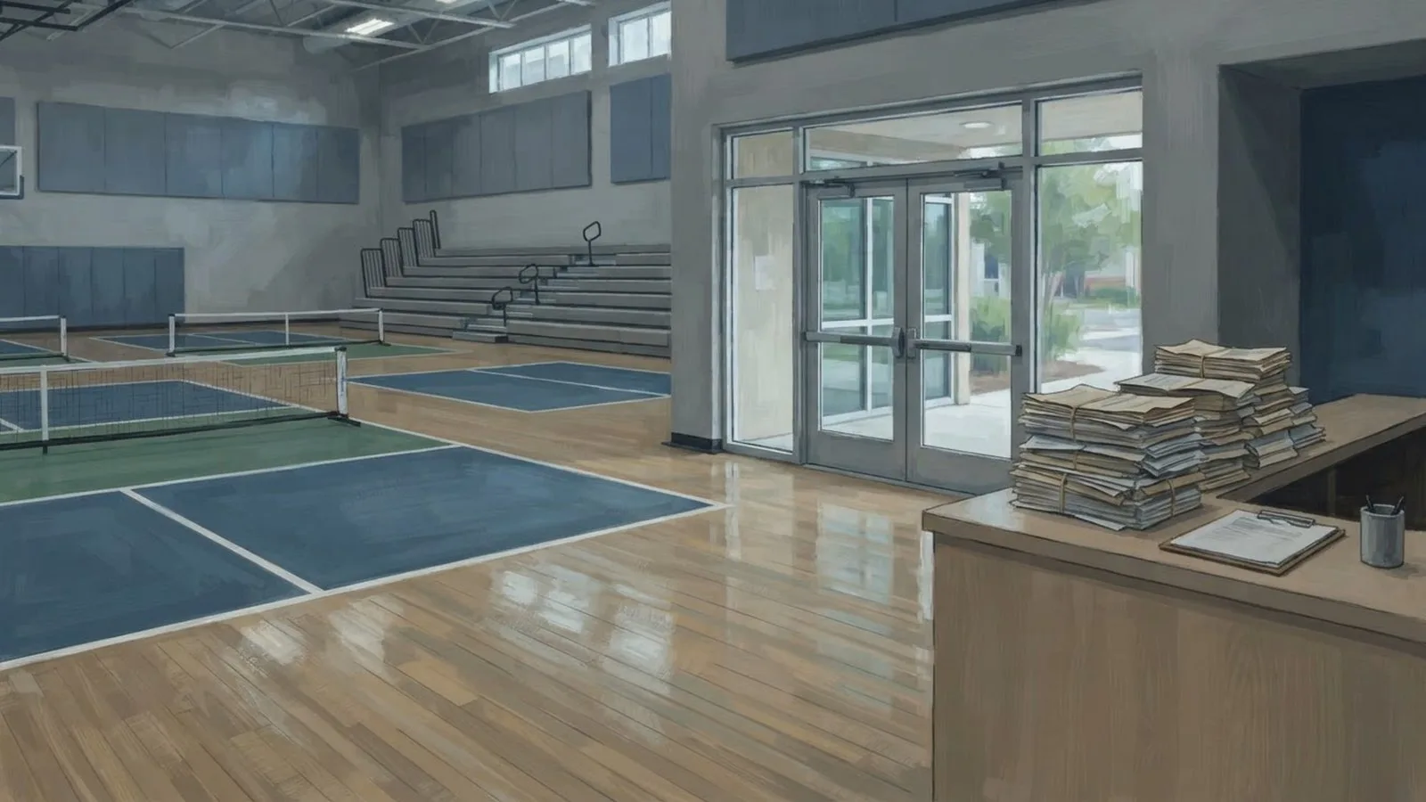 Illustration: empty indoor sports court with painted lines, closed glass entrance doors, and a stack of unopened paperwork on a counter