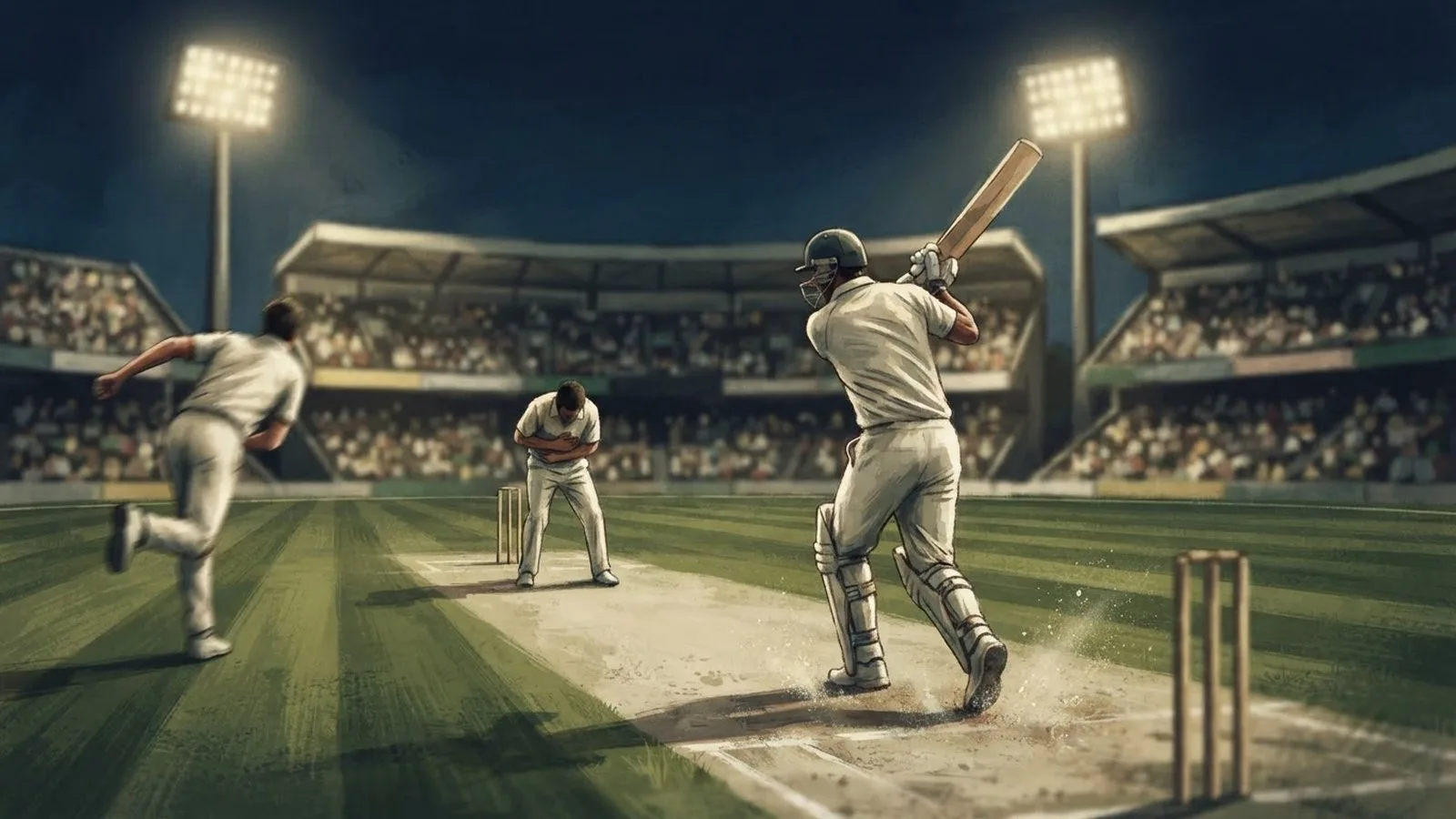 Illustration: a floodlit cricket stadium at night, a batsman mid-swing as a bowler delivers a short ball toward a player clutching his torso near the crease.