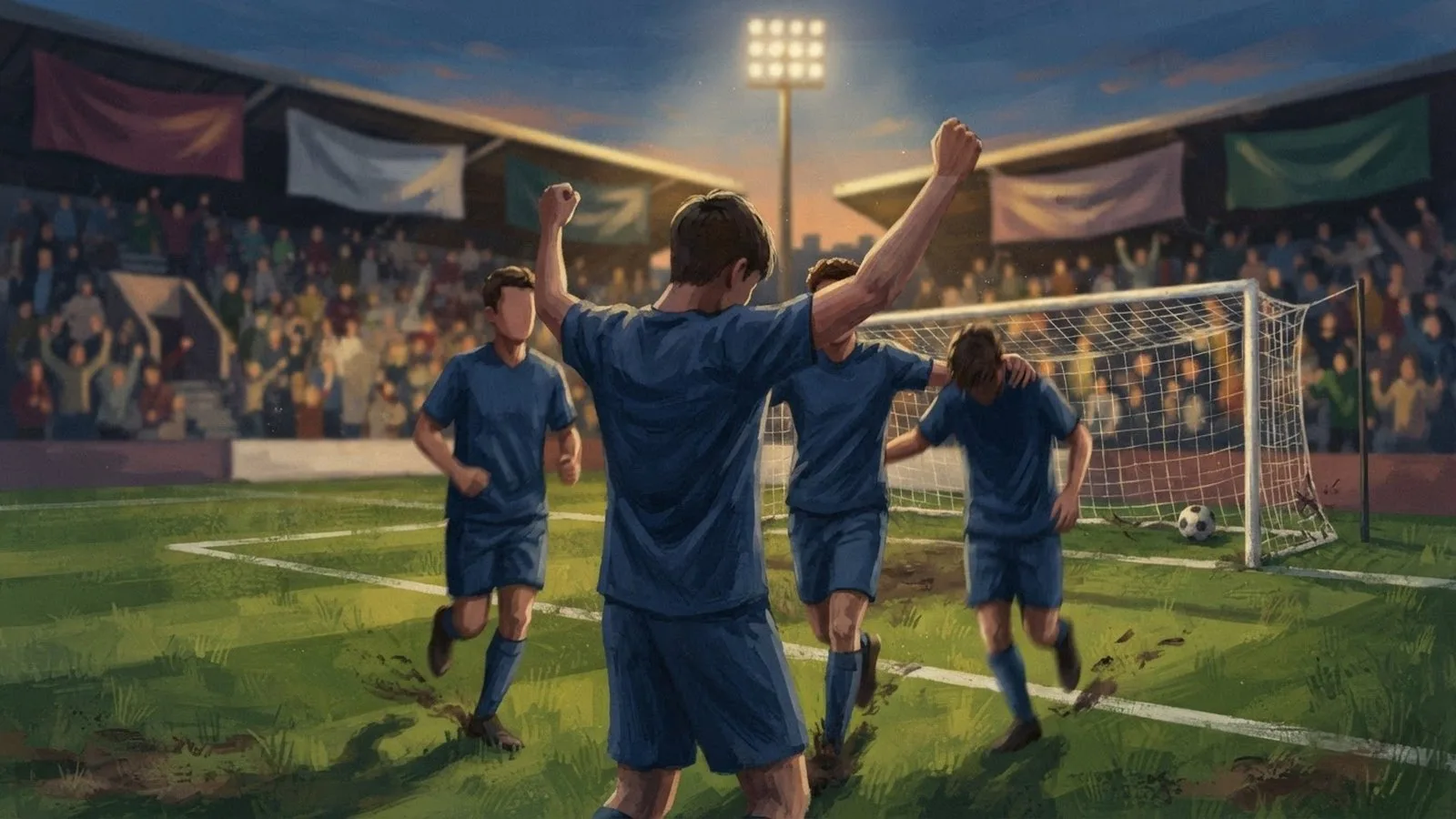 Illustration: young soccer player celebrating a goal on a floodlit stadium pitch, teammates jogging in to embrace him