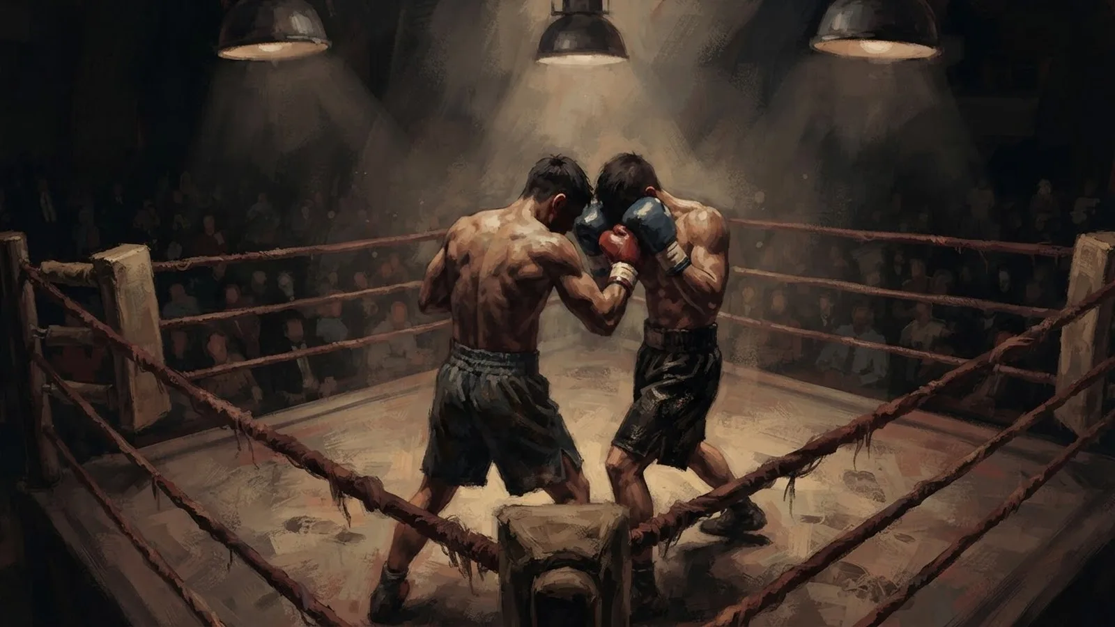 Illustration: two boxers in gloves and shorts face off under bright arena lights inside a roped ring, crowd silhouettes beyond