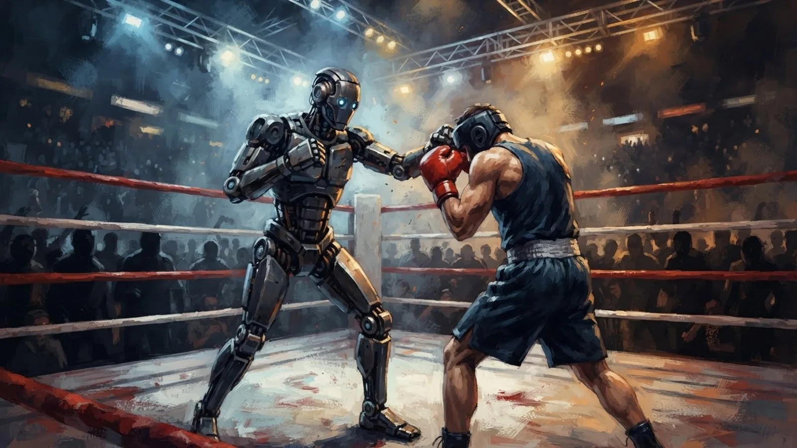 Illustration: a humanoid robot faces a man in a boxing ring, spectators watching under bright arena lights.