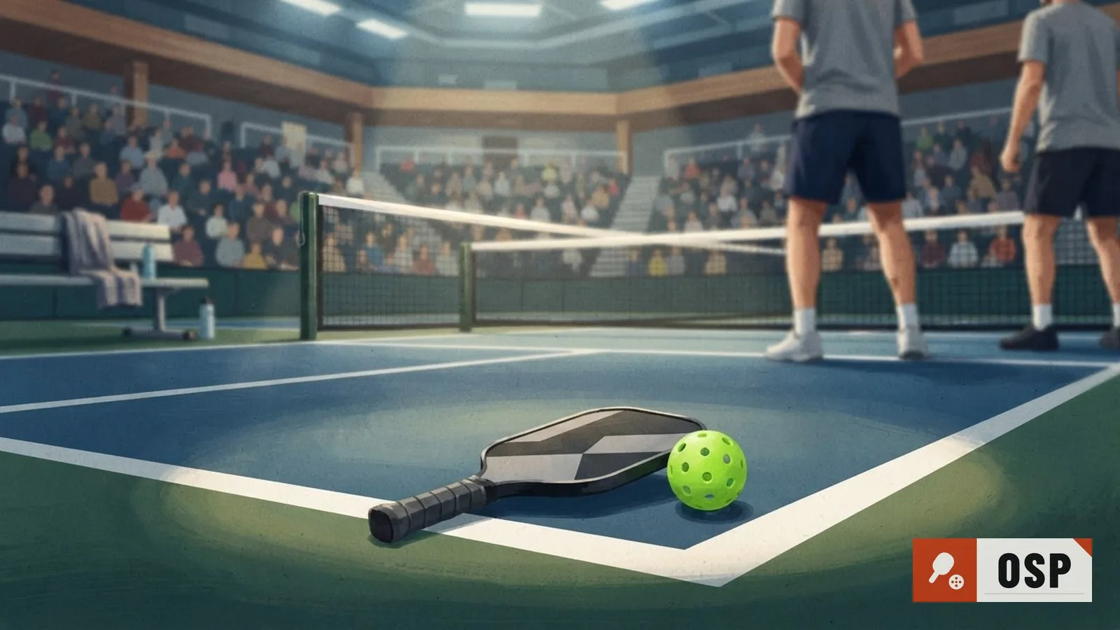 Illustration: indoor arena with a pickleball paddle and ball resting on a court near a net, spotlight overhead.