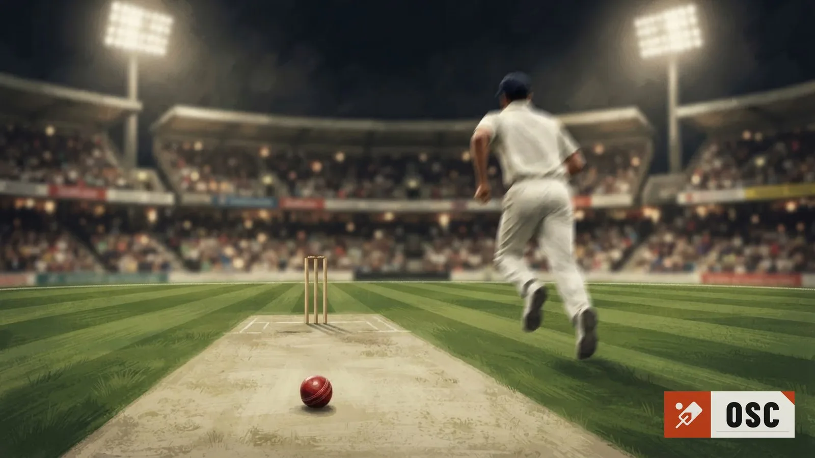 Illustration: floodlit cricket stadium at night, bowler mid-run-up on pitch, empty practice ball beside stumps, packed stands blurred behind