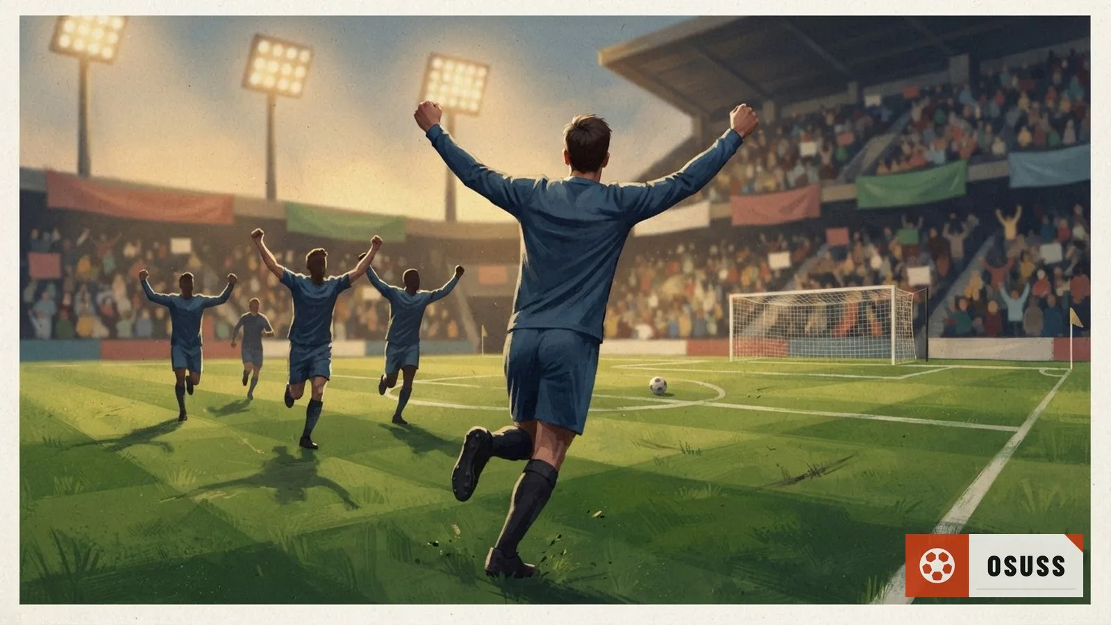 Illustration: soccer player celebrating mid-sprint on a floodlit pitch as teammates raise their arms behind him