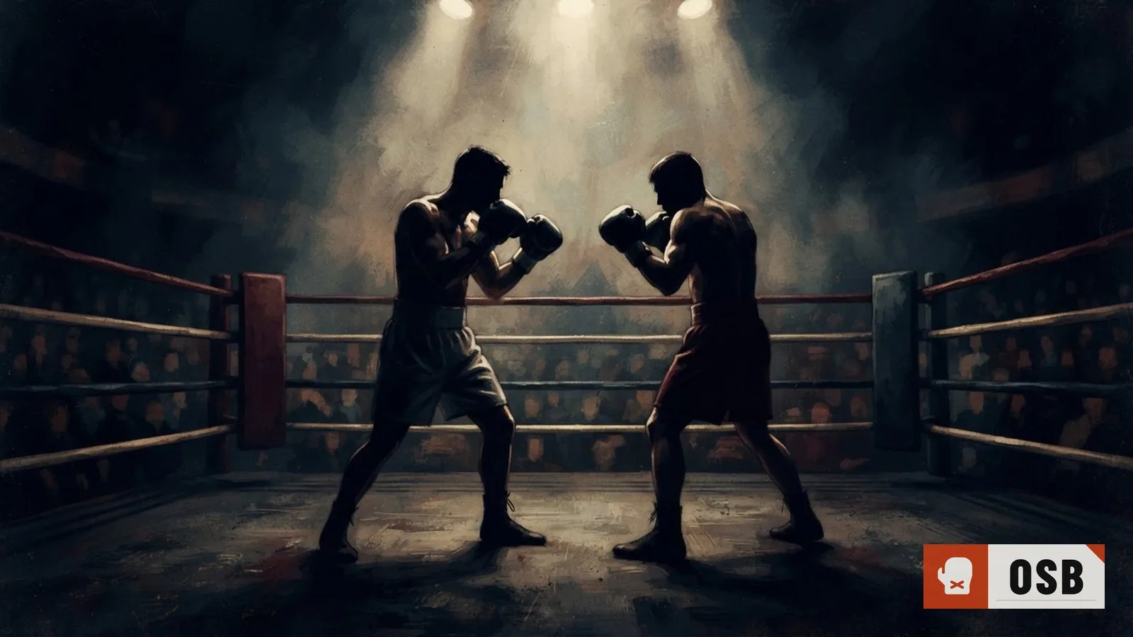 Illustration: two silhouetted boxers face off in a spotlighted ring, gloves raised, arena shadows surrounding them.