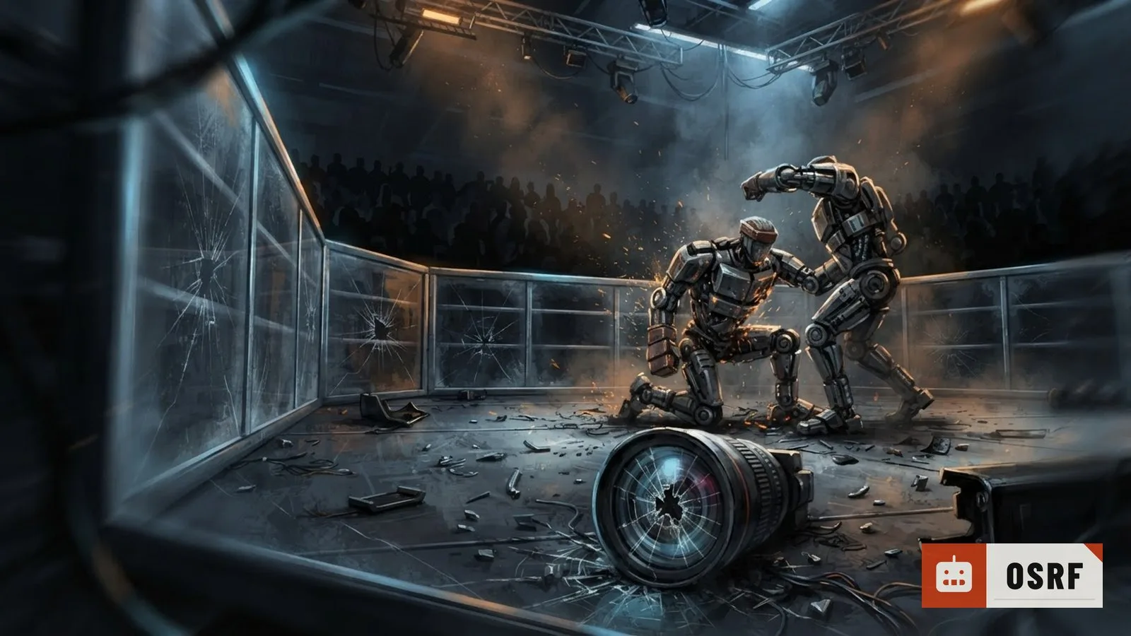 Illustration: cracked cage panels and a shattered camera lens inside a dim arena, debris scattered on the floor.