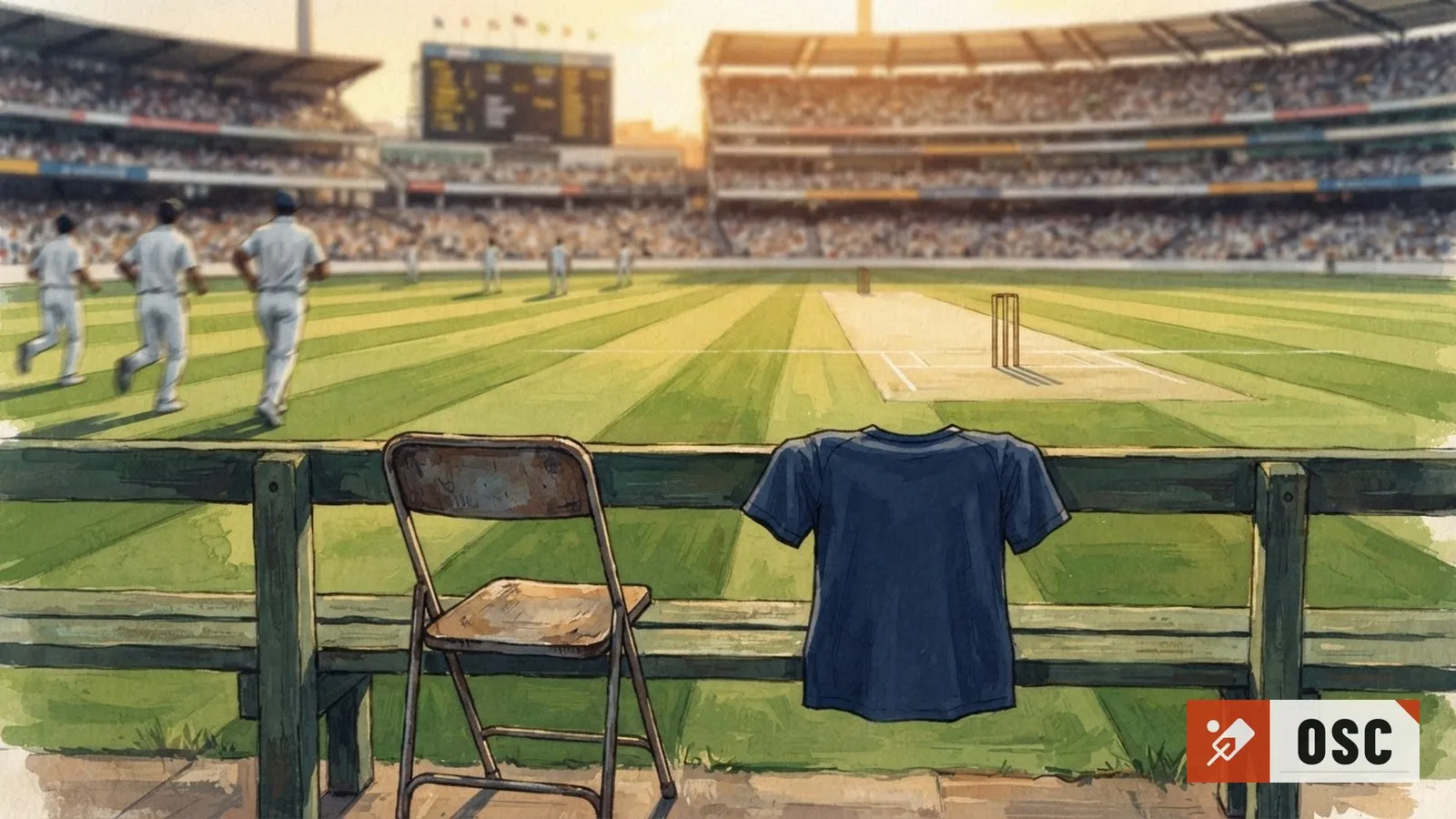 Illustration: empty dugout chair beside folded team jersey on an empty cricket stadium bench, scoreboard blurred in background