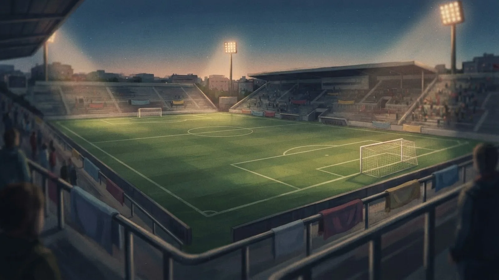 Illustration: empty soccer stadium at dusk, floodlights illuminating an empty green pitch before kickoff.