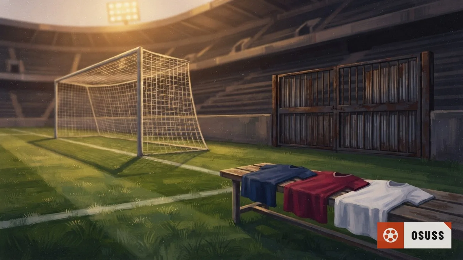 Illustration: empty soccer field goal under stadium lights, three unused athletic jerseys folded on an empty bench beside closed stadium gates.