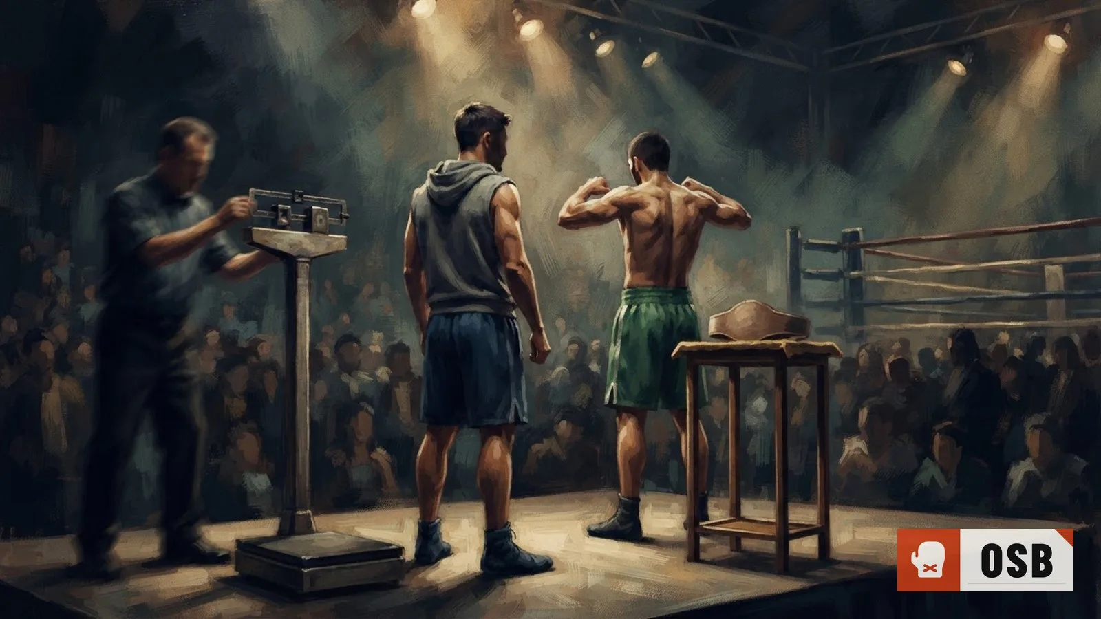 Illustration: two boxers face off at a weigh-in podium, one standing beside an empty championship belt display stand.