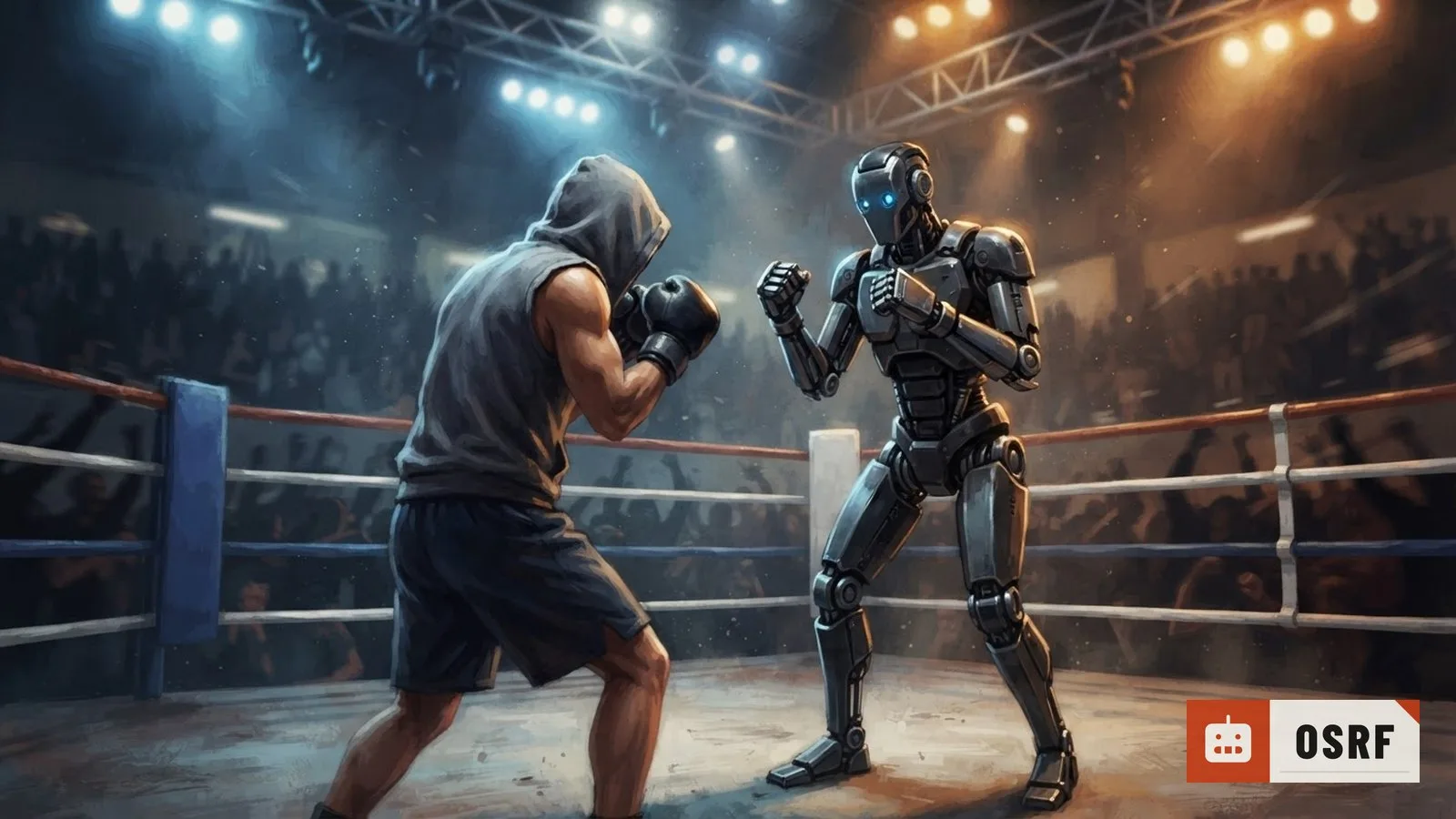 Illustration: a humanoid robot and a person in boxing stance face off inside a roped ring under bright arena lights