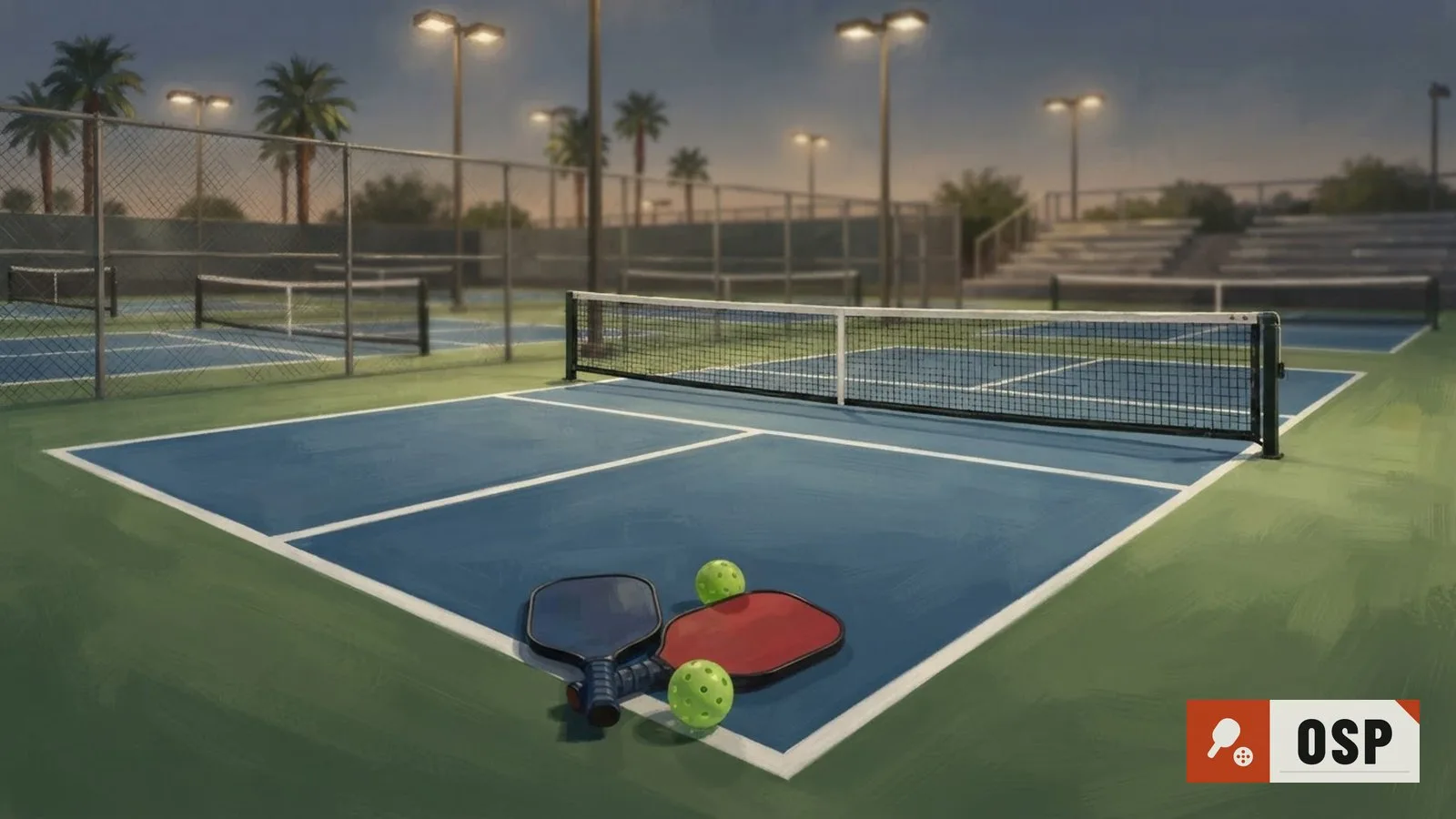 Illustration: an empty outdoor sports court with painted lines, a net stretched across the middle, under open stadium lighting.