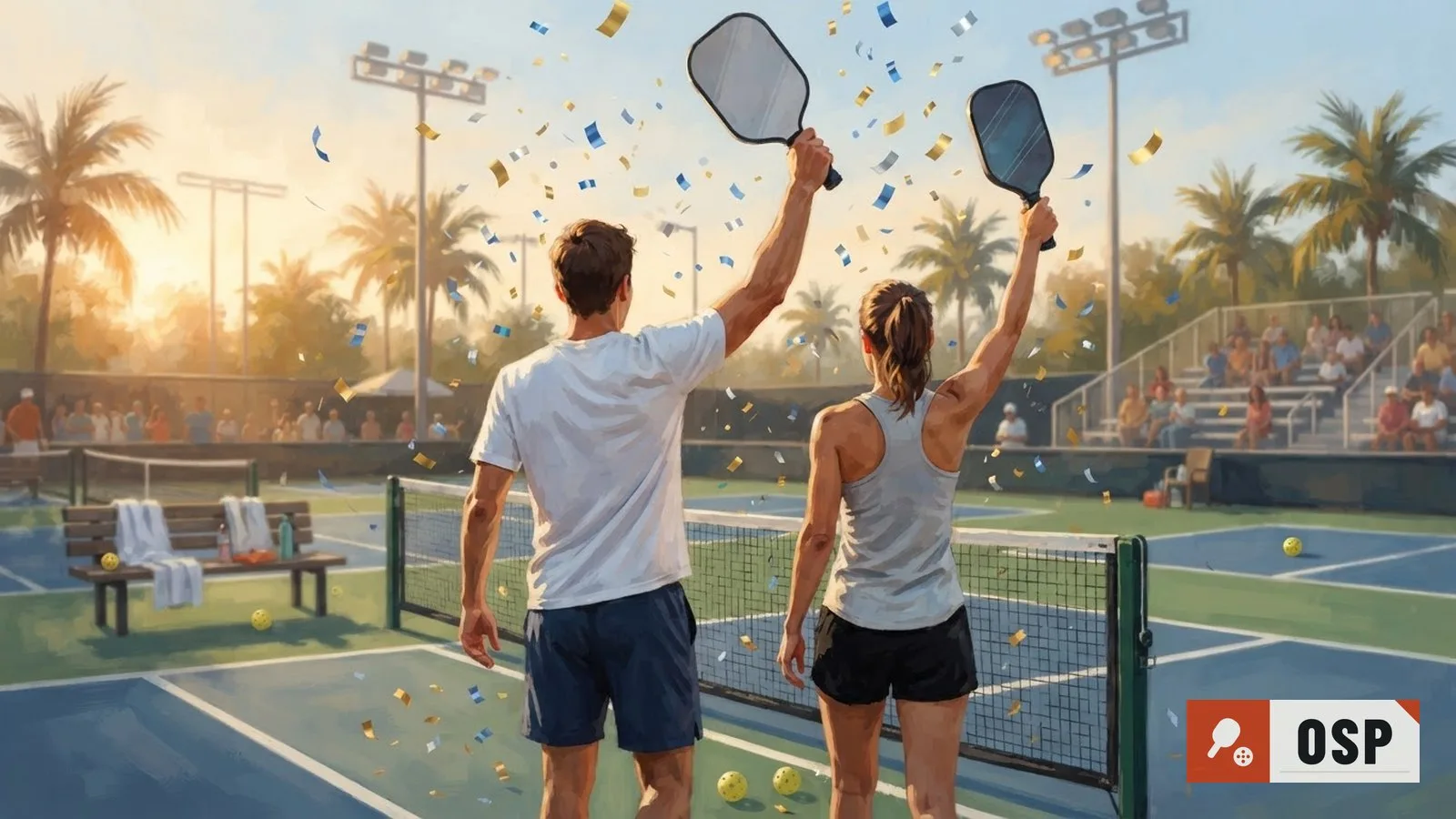 Illustration: two paired players raise paddles in celebration on an outdoor court, confetti scattering under bright stadium lights.