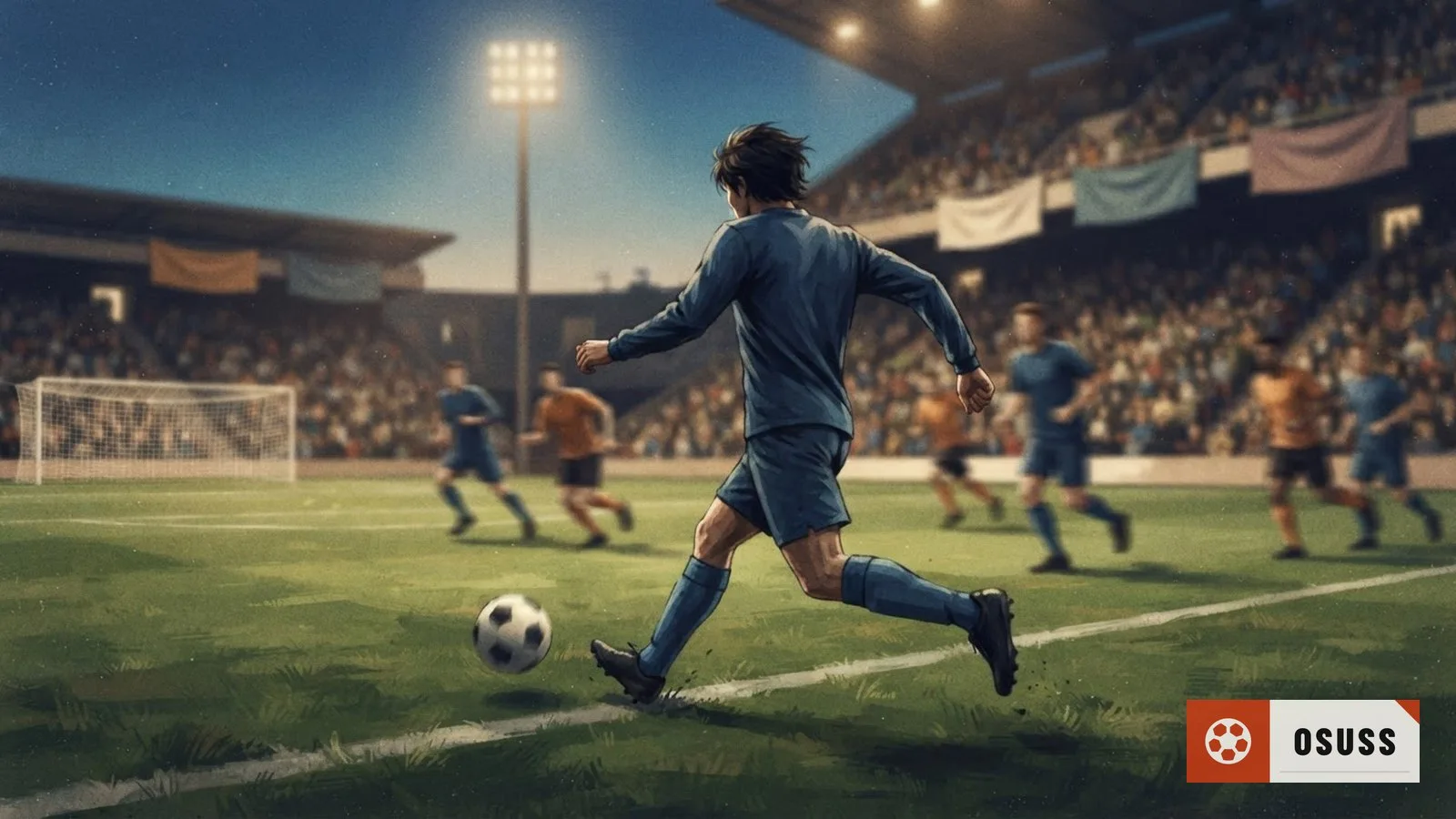 Illustration: a soccer player mid-stride passes a ball on a floodlit pitch, teammates blurred behind in motion.