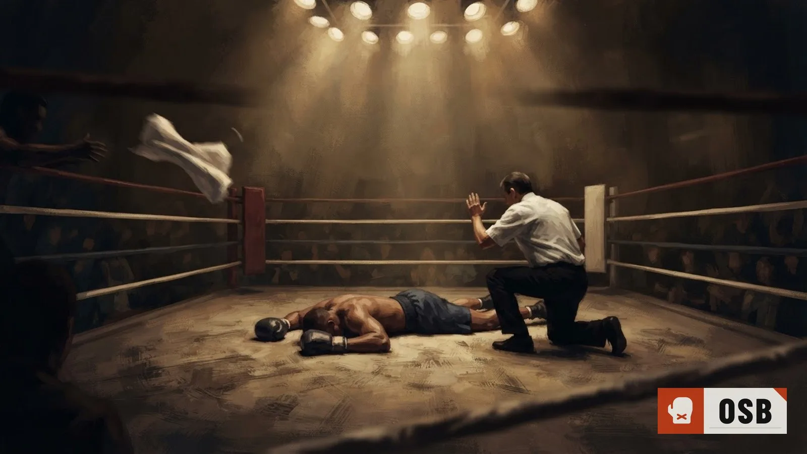Illustration: boxing ring under bright arena lights, one fighter sprawled on canvas as referee counts, towel flying through air.
