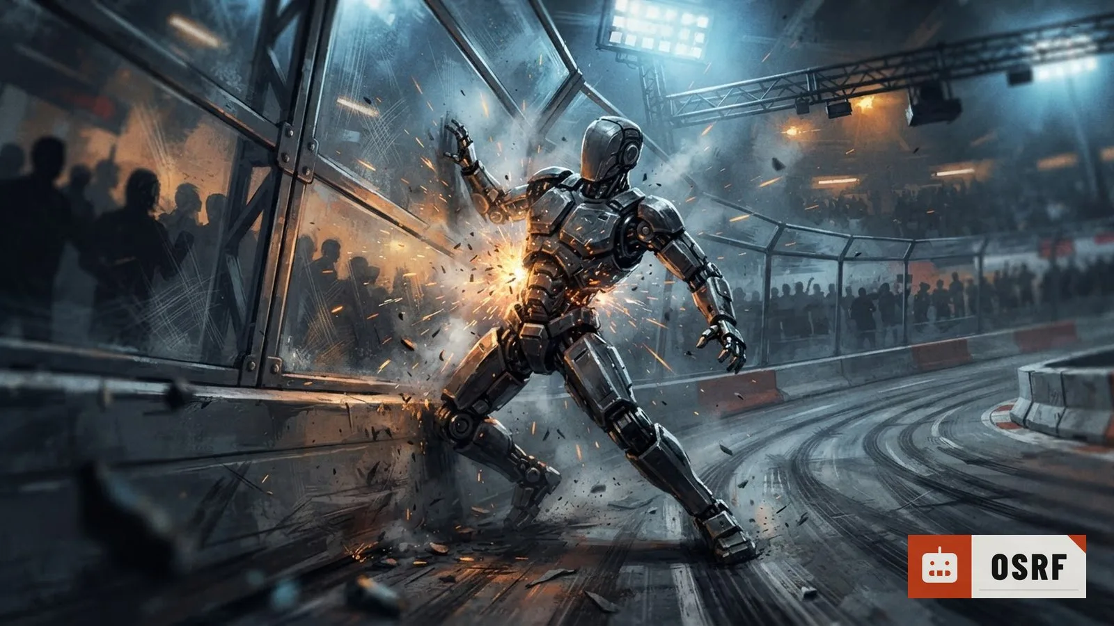 Illustration: a humanoid robot crashes into a wall on a track, sparks and smoke billowing from its torso.