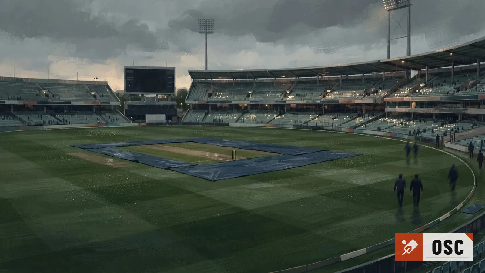 Illustration: empty rain-soaked cricket pitch with covers partially pulled, scoreboard dark, stadium seats glistening under grey clouds