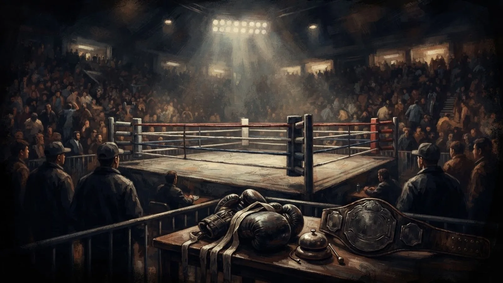Illustration: a vast stadium packed with cheering spectators under bright floodlights, empty boxing ring at center