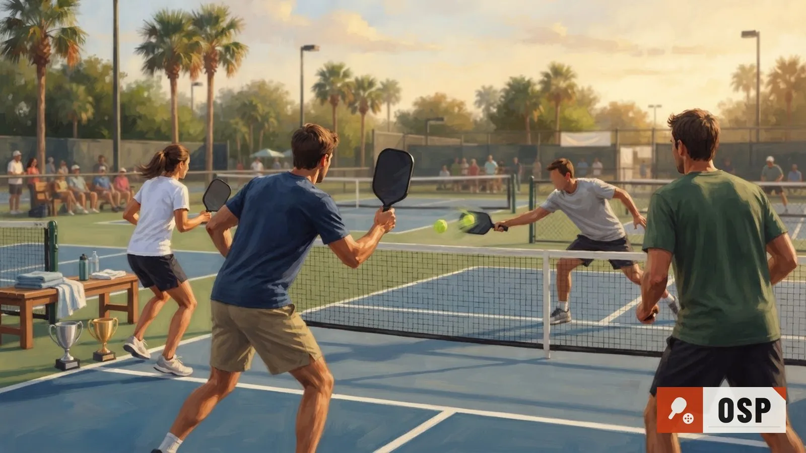 Illustration: two pairs of players rally across an outdoor pickleball court, paddles raised, trophies gleaming courtside.