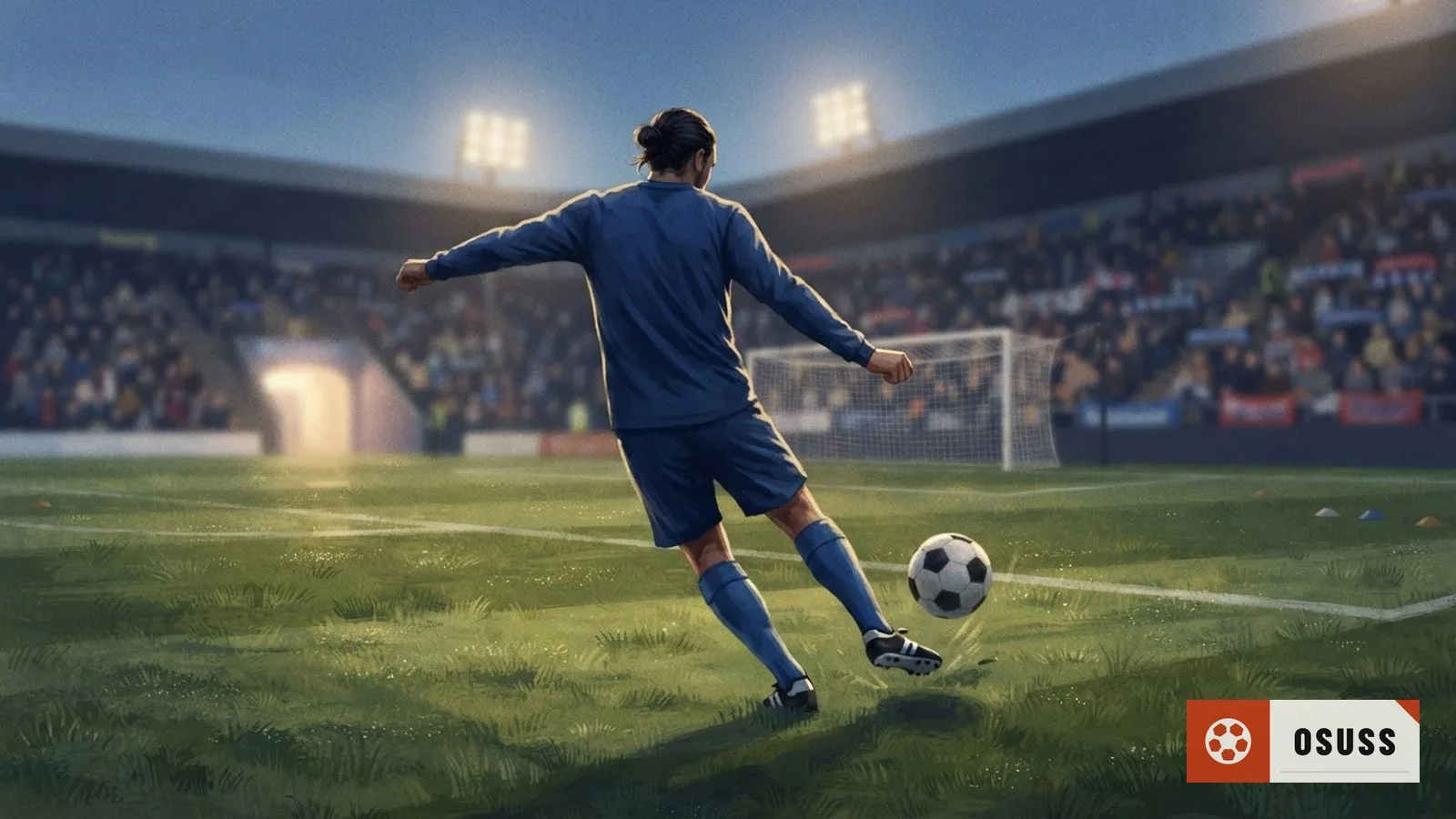Illustration: soccer player in kit striking a ball on a floodlit pitch, scoreboard lights glowing softly in the distance