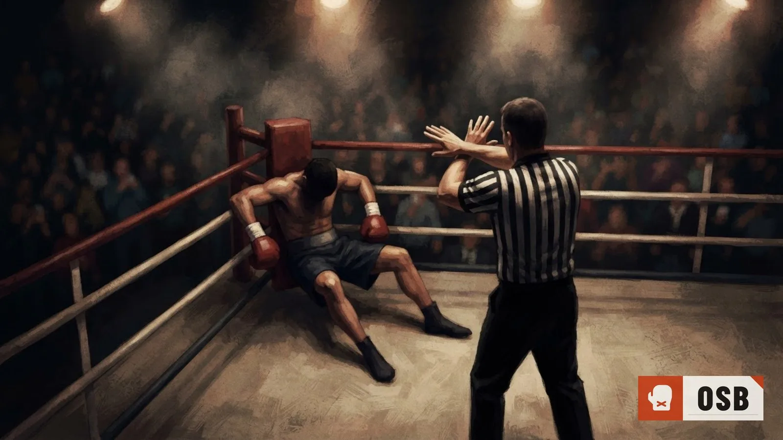 Illustration: boxer collapsed against ring ropes under bright arena lights while referee gestures fight over