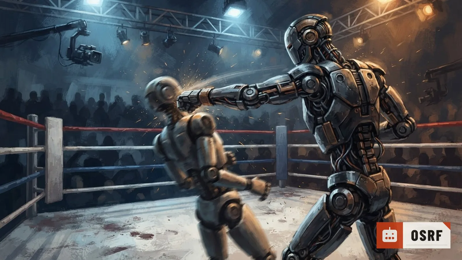 Illustration: a humanoid robot's metallic arm swings mid-motion inside a roped boxing ring under bright overhead lights.