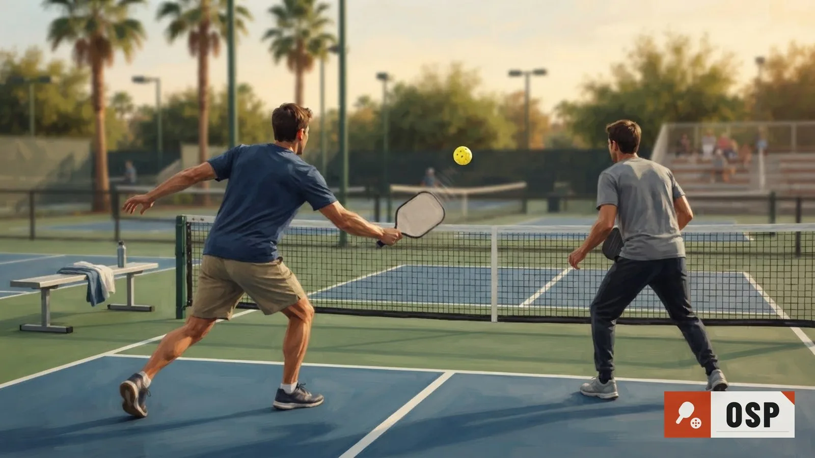 Illustration: two players mid-rally on an outdoor hard court holding paddles, a bright yellow pickleball frozen above the net