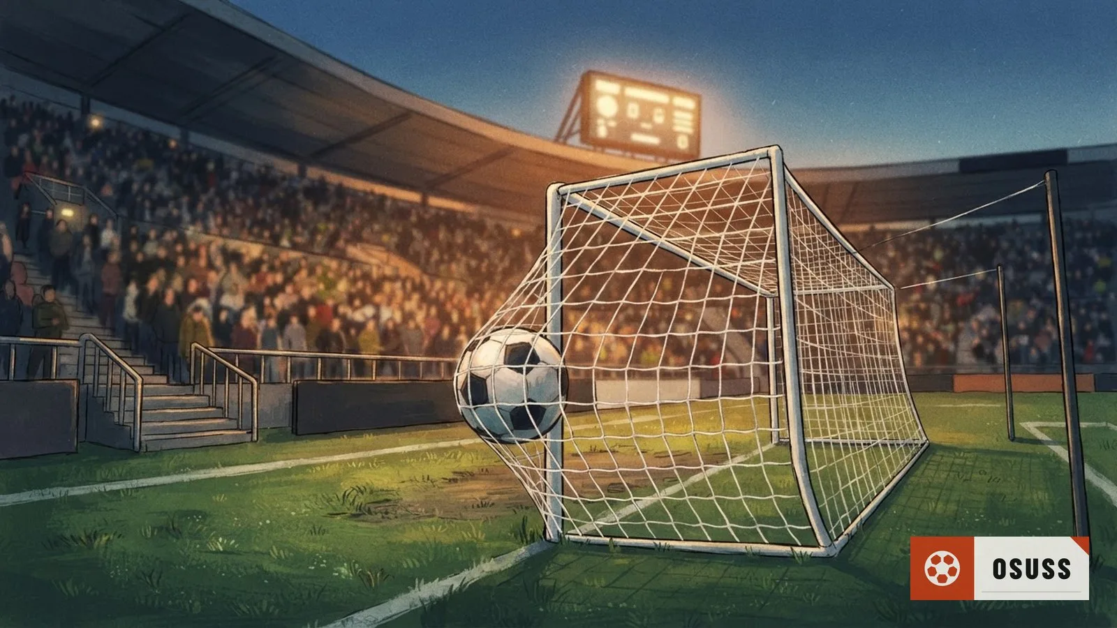 Illustration: a soccer ball rests in an empty net on a packed scoreboard-lit stadium pitch at dusk.