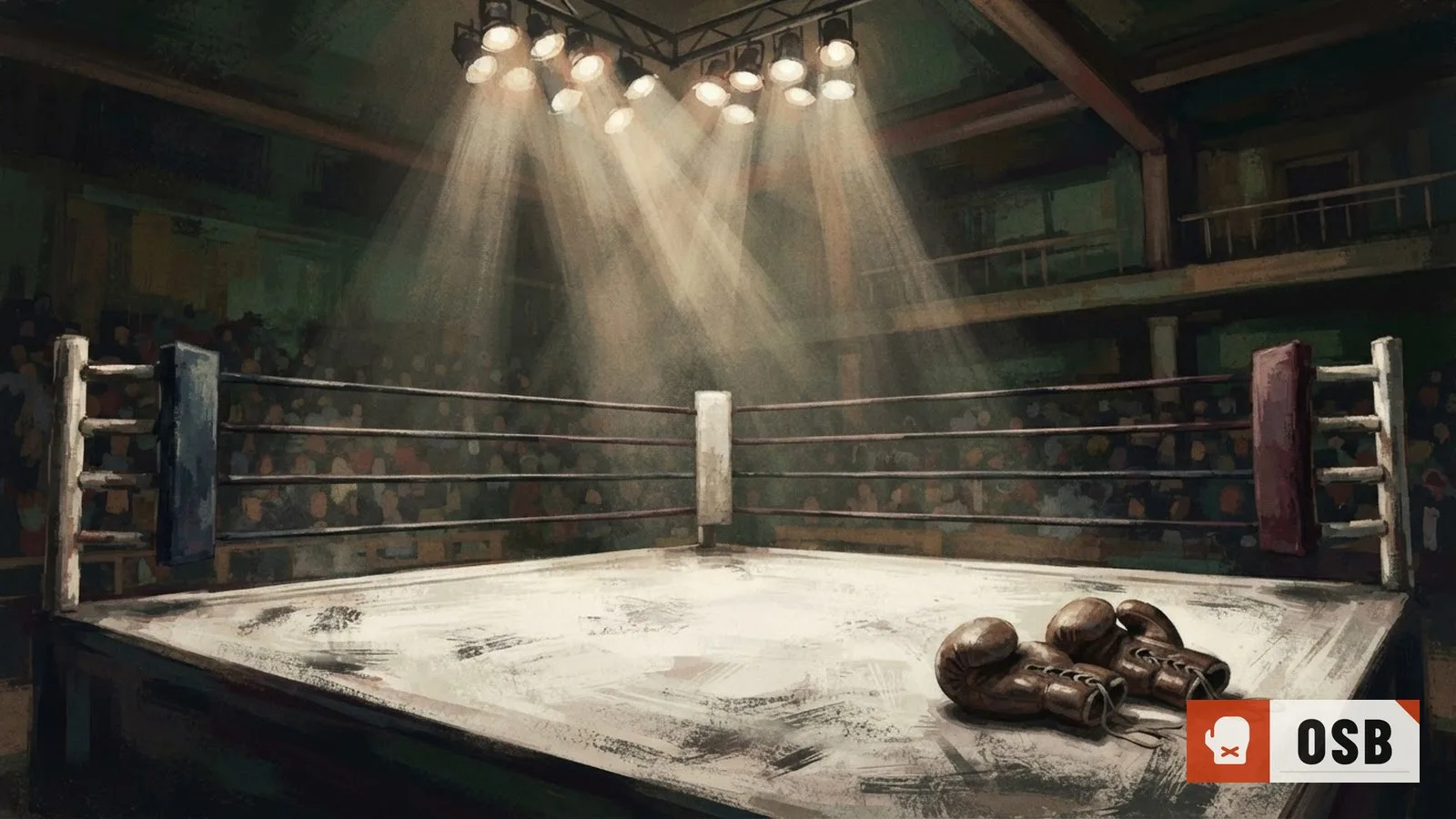 Illustration: an empty boxing ring under bright overhead lights, gloves resting on the canvas corner post