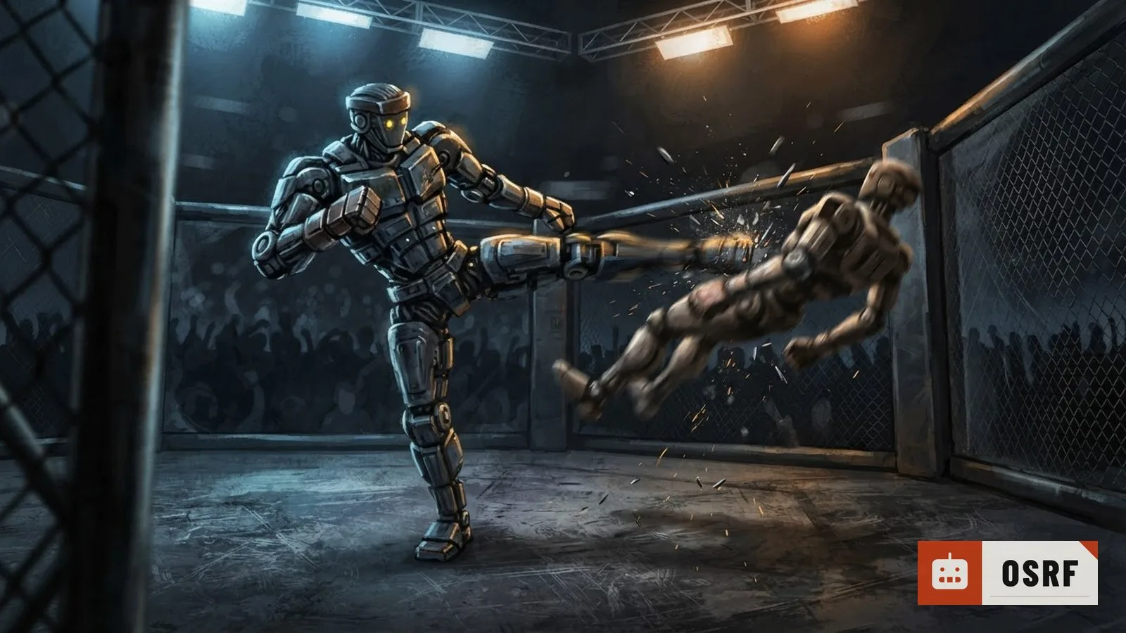 Illustration: a humanoid robot in a cage mid-kick sends a figure flying backward across the ring.