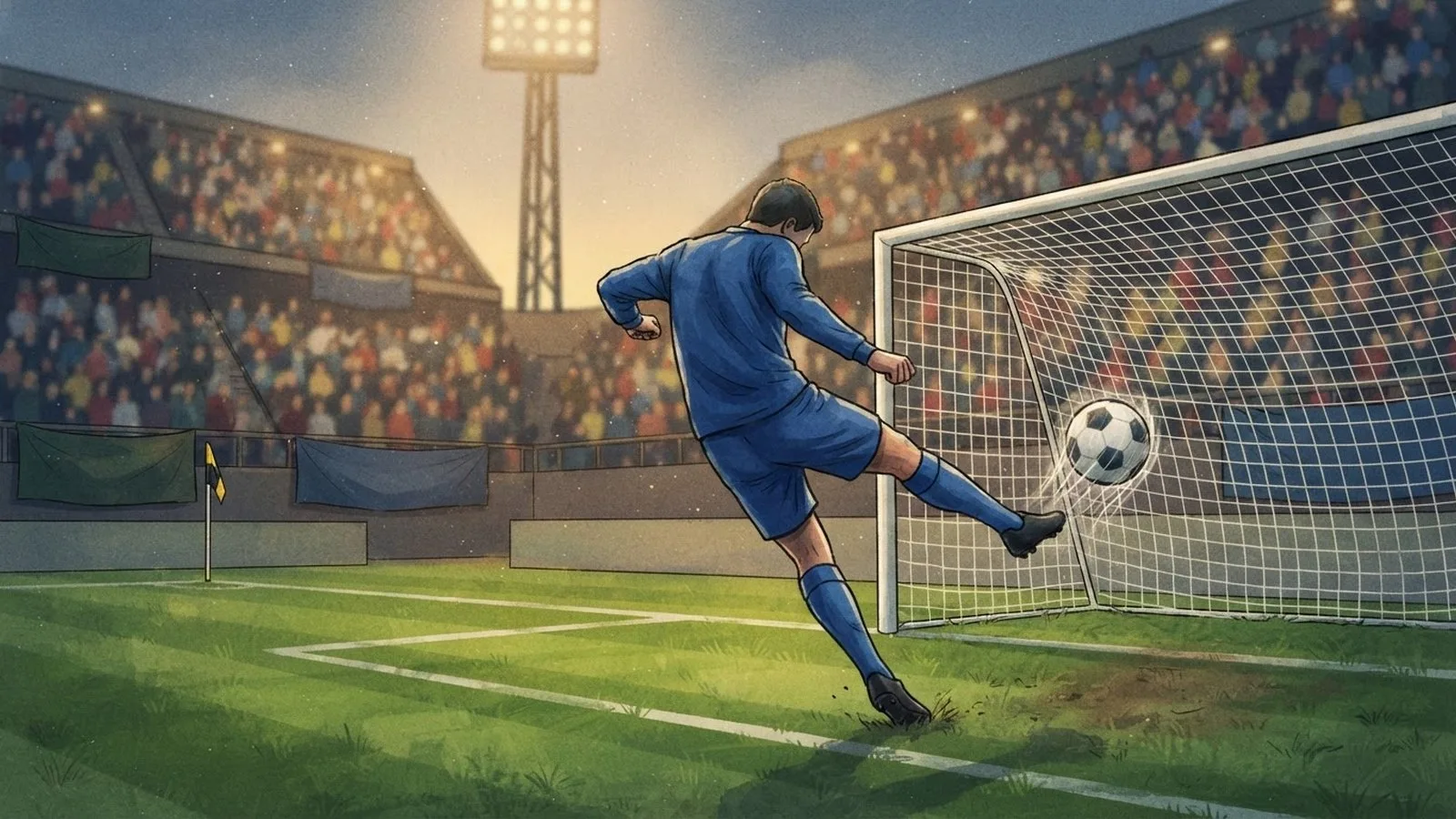 Illustration: soccer player volleying a ball into the net on a floodlit stadium pitch, crowd filling the stands behind