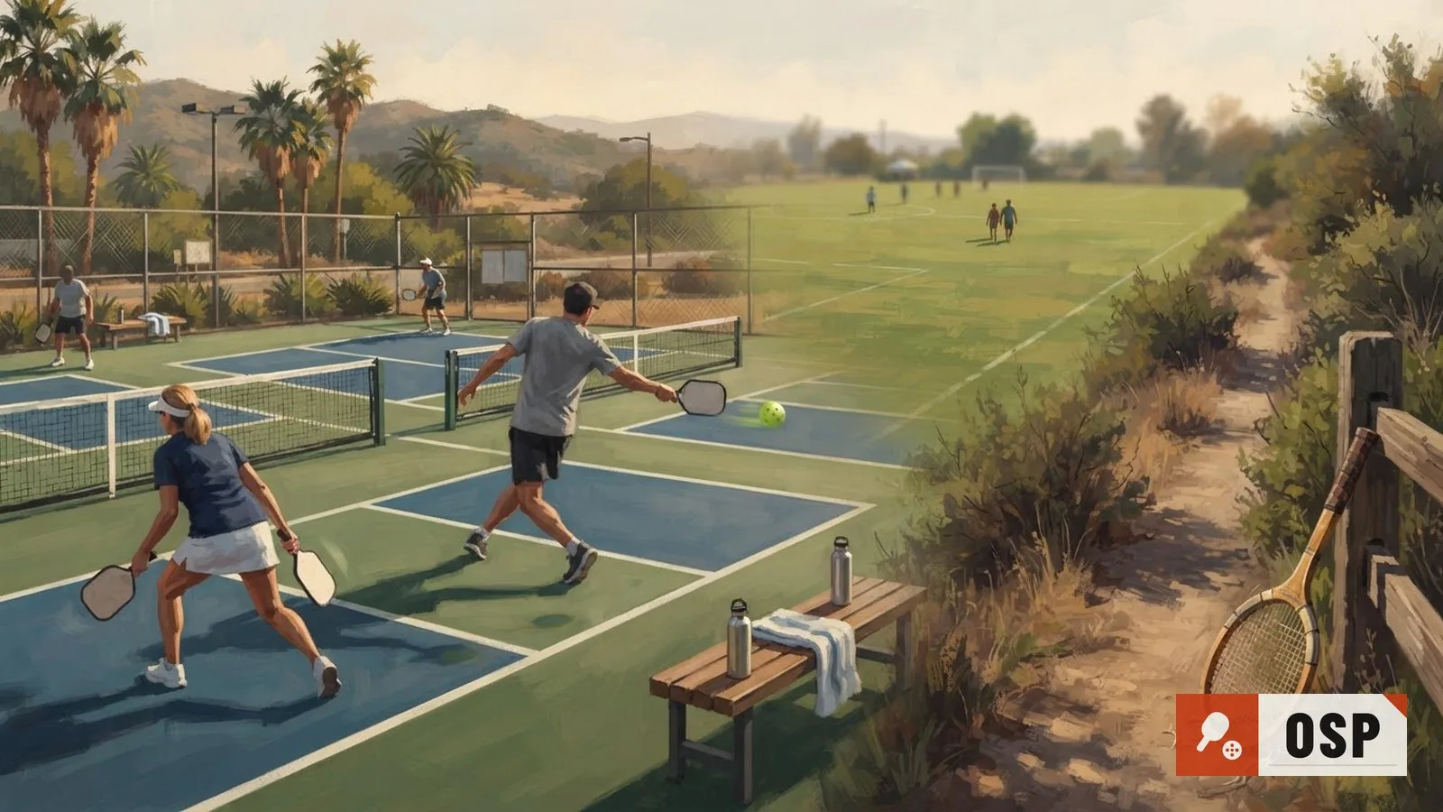 Illustration: outdoor court with pickleball paddles and a net, a nearby sports field, and a tennis racket beside a rural hunting trail.