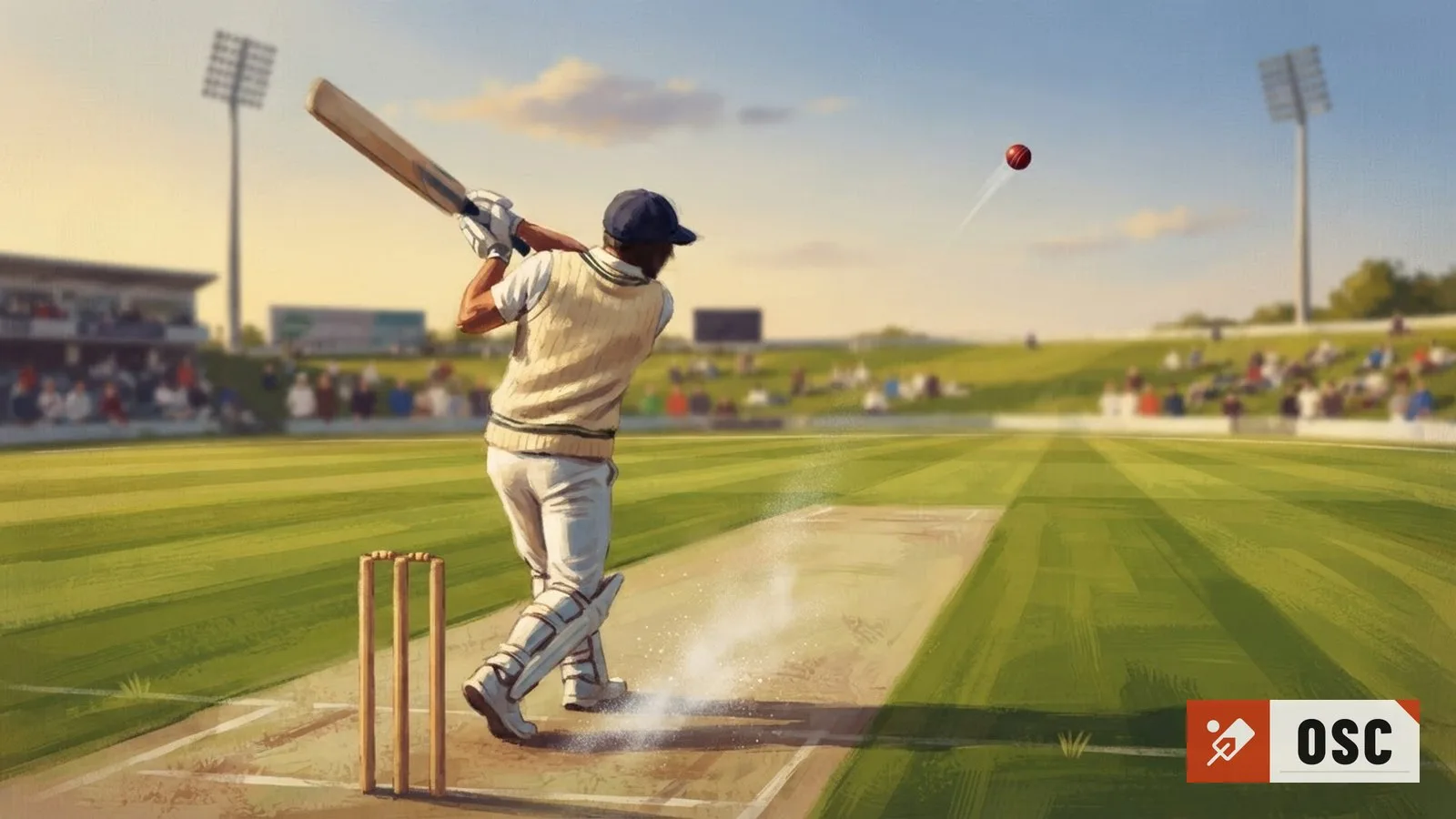 Illustration: a cricket batter mid-swing on a sunlit grass field, floodlights visible, ball soaring toward the boundary.