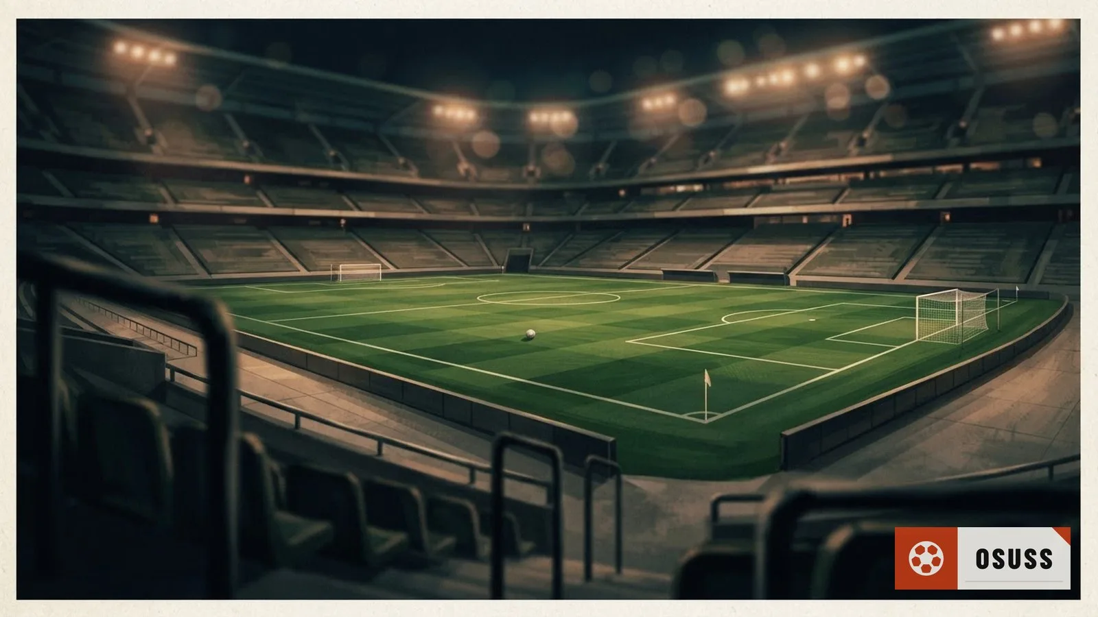 Illustration: empty floodlit soccer stadium at night, pristine green pitch, goalposts, bleachers awaiting a crowd.