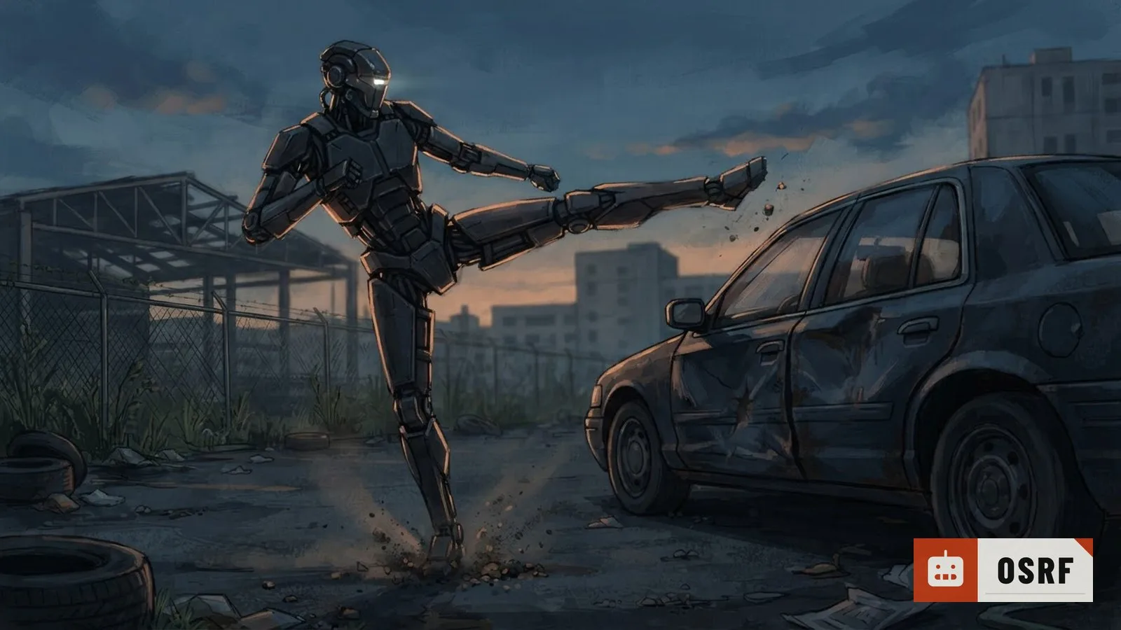 Illustration: tall humanoid robot mid-kick beside a car with a dented door, dusk lighting, empty lot