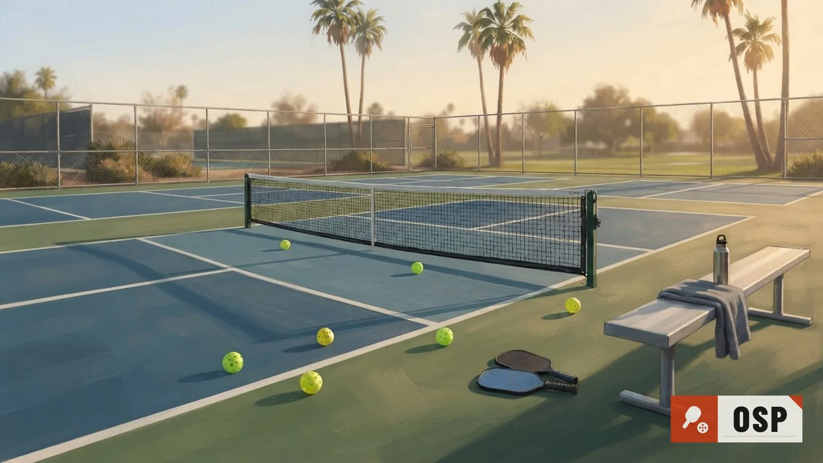 Illustration: the empty playing surface and its equipment at rest, no people anywhere in the frame