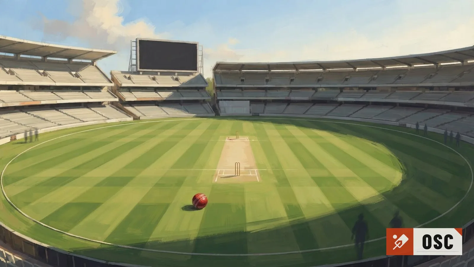 Illustration: an empty cricket stadium under bright daylight, with a blank scoreboard and vacant stands visible.