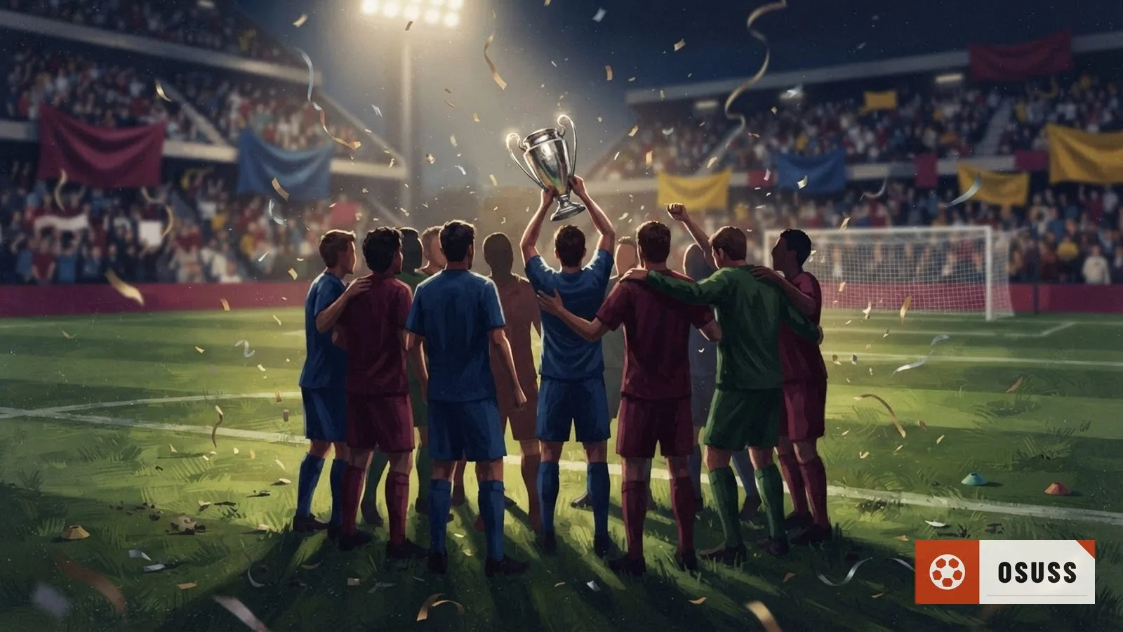 Illustration: players in sports kits celebrate around a raised silver trophy on a floodlit stadium pitch at night.