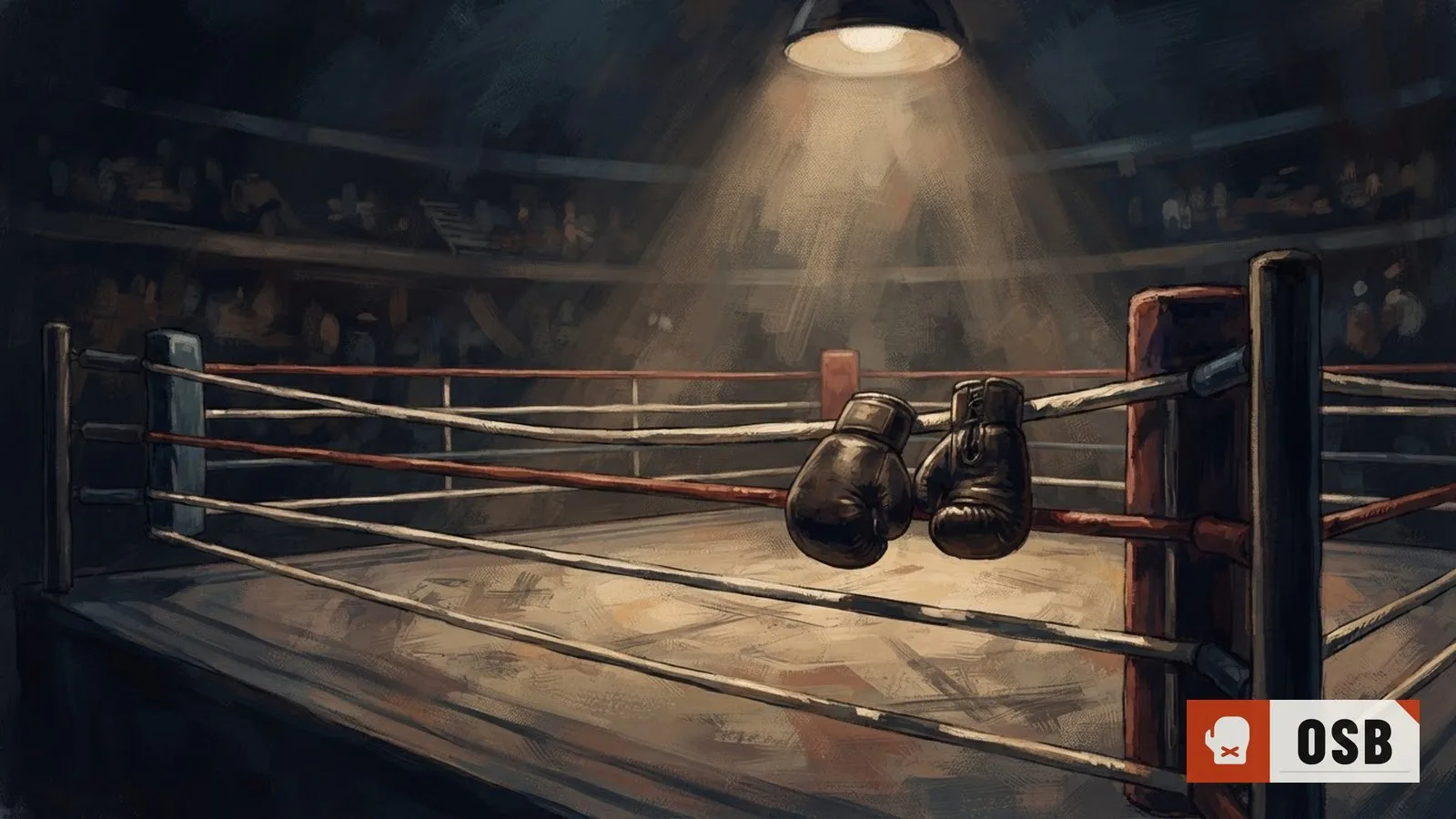 Illustration: two boxing gloves resting on ropes inside an empty ring, spotlight above, no one else visible