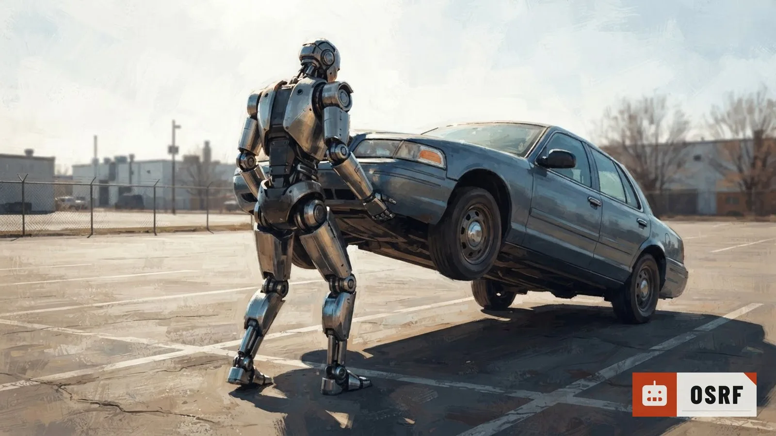 Illustration: a humanoid robot lifts the front end of a parked car in an empty lot under bright light.