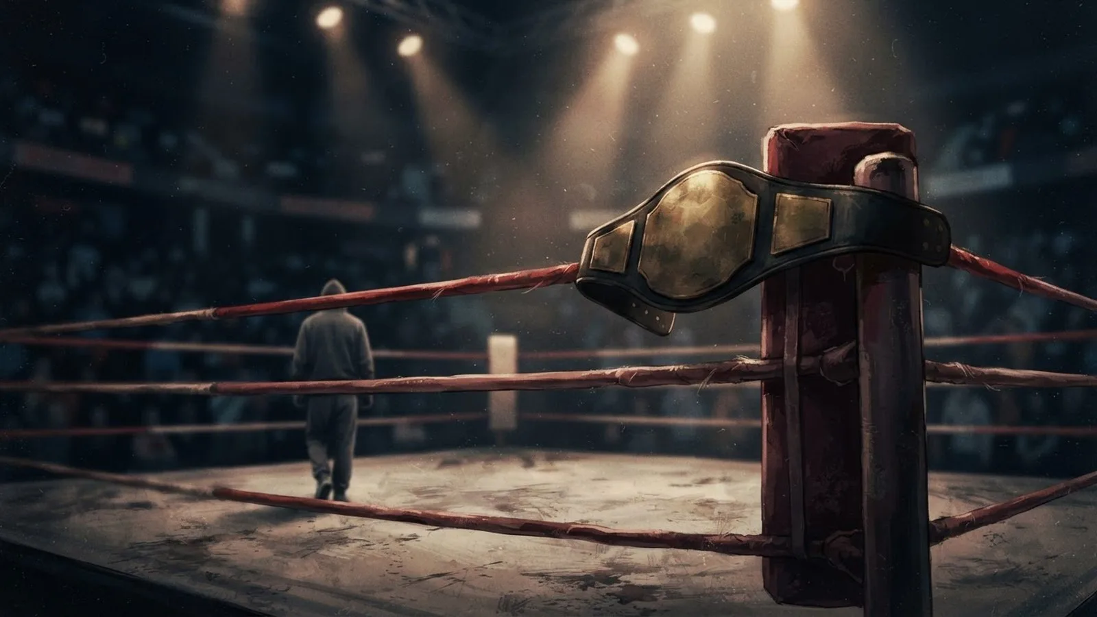 Illustration: a boxing belt resting on a ring ropes corner under dramatic overhead lighting in an empty arena.