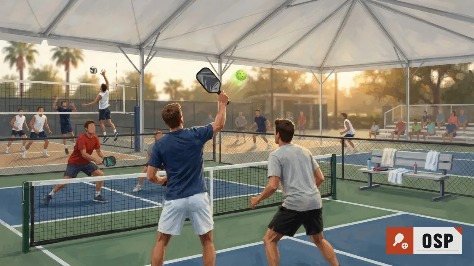 Illustration: uniformed athletes play doubles on an outdoor pickleball court beside a volleyball match under a sports tournament tent