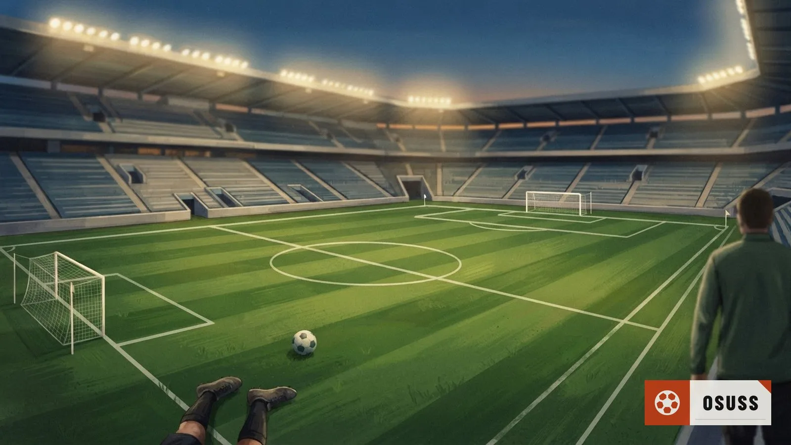 Illustration: empty floodlit soccer stadium at dusk, pristine pitch with goalposts and empty stands under bright lights