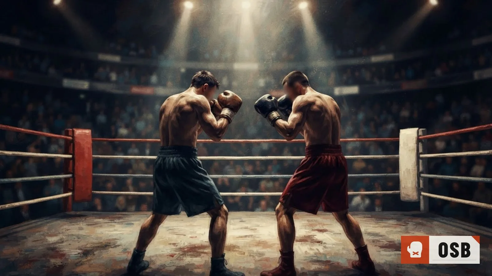 Illustration: two anonymous boxers facing off in a stadium ring, gloves raised, stadium seats blurred behind under bright lights