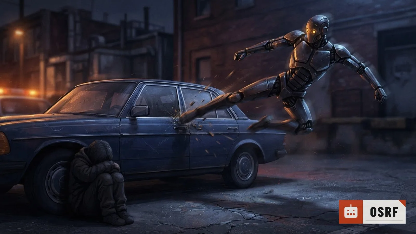Illustration: a humanoid robot mid-air kicks near a car while a small figure crouches nearby in dim light.