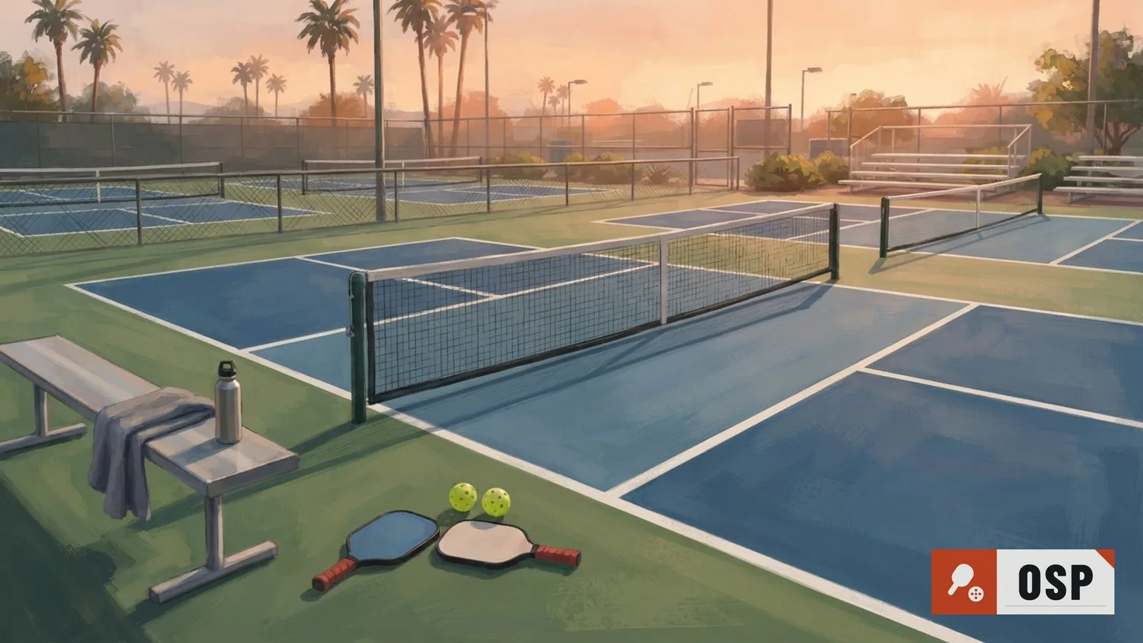 Illustration: the empty playing surface and its equipment at rest, no people anywhere in the frame