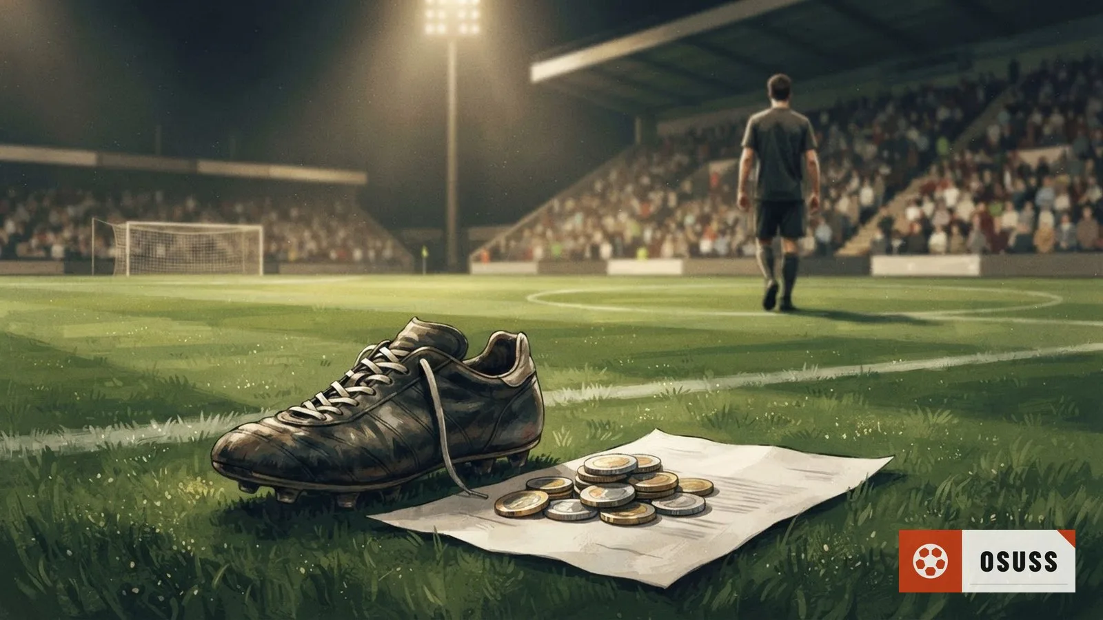 Illustration: a soccer cleat on green turf beside a blank contract paper and a stack of coins under stadium floodlights.