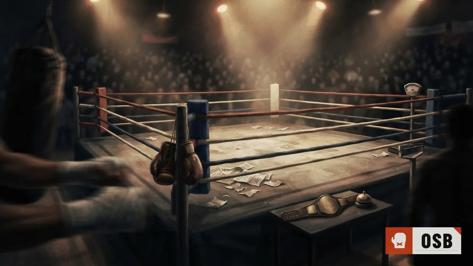 Illustration: empty boxing ring under bright lights, a torn promotional contract paper scattered on the canvas