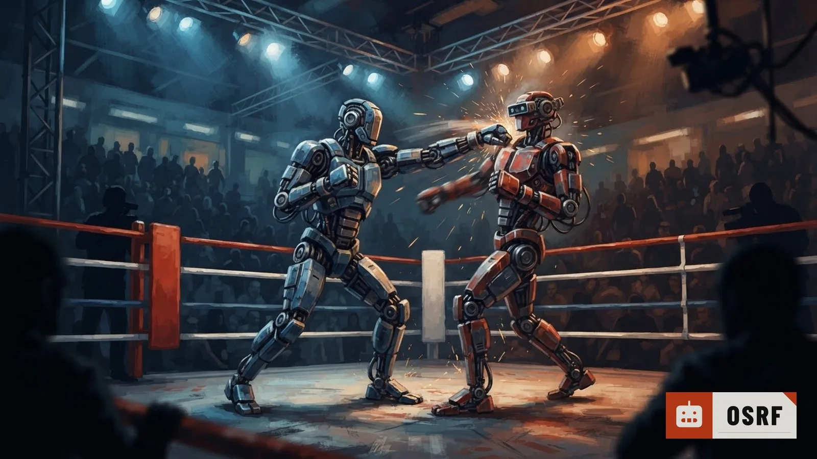Illustration: two humanoid robots spar inside a roped boxing ring under bright overhead arena lights, spectators watching from surrounding seats.