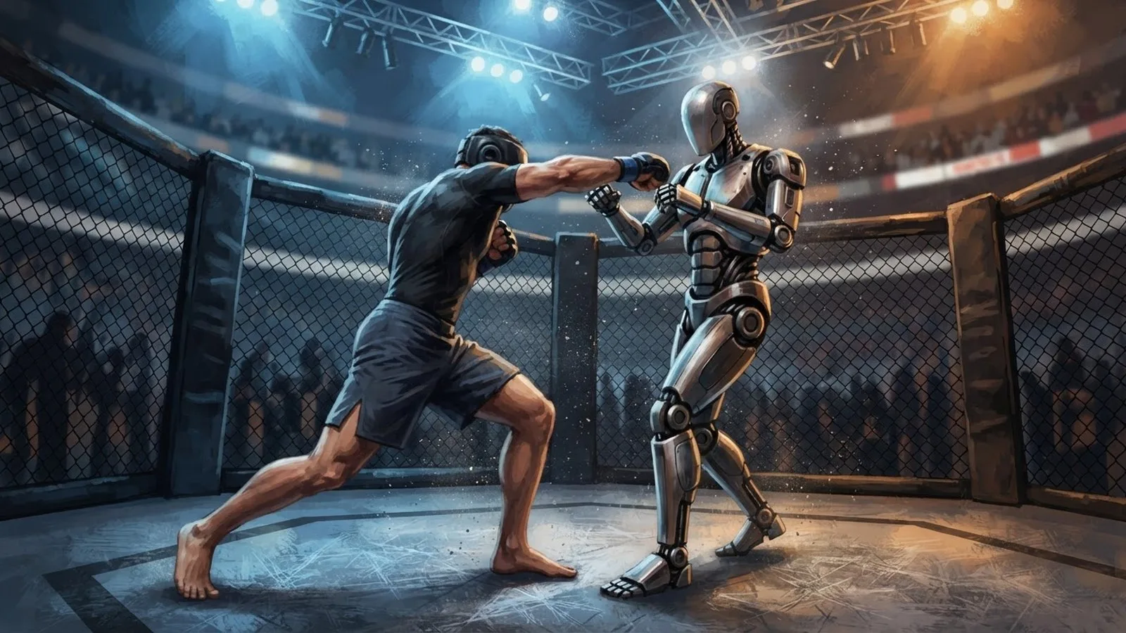 Illustration: a lit octagon cage with a metallic humanoid figure facing a fighter, spotlights overhead, empty arena seats blurred beyond the fence